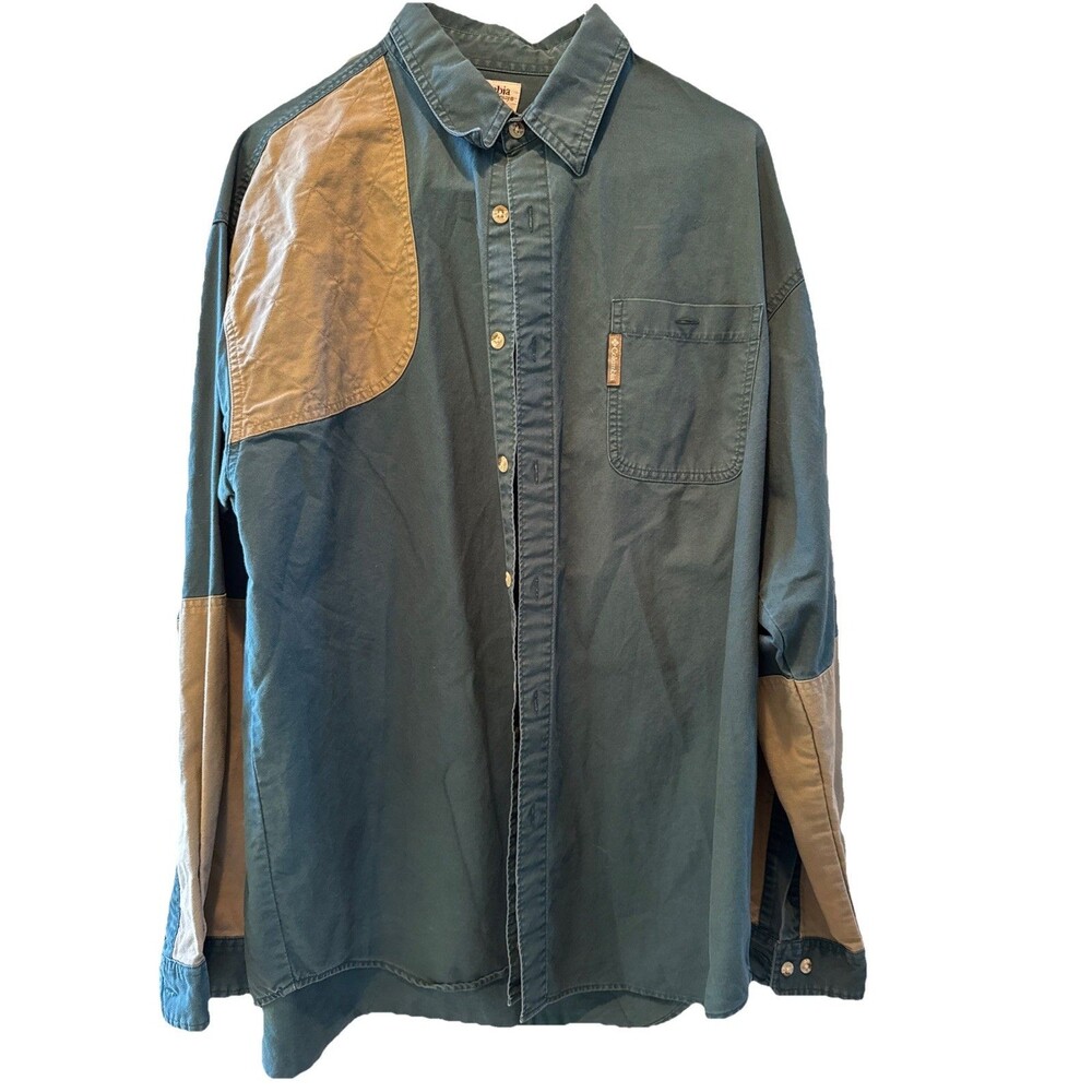 Vintage Columbia Heavy Shooting Shirt Mens XL Tan Green Button Up Long Sleeve